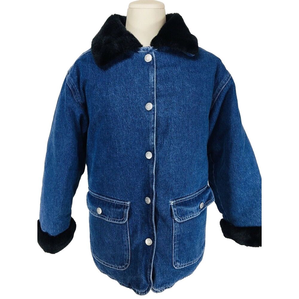 Vintage 80s Sherpa Lined Blue Denim Chore Barn Coat Faux-Fur Collar Cuff Unisex